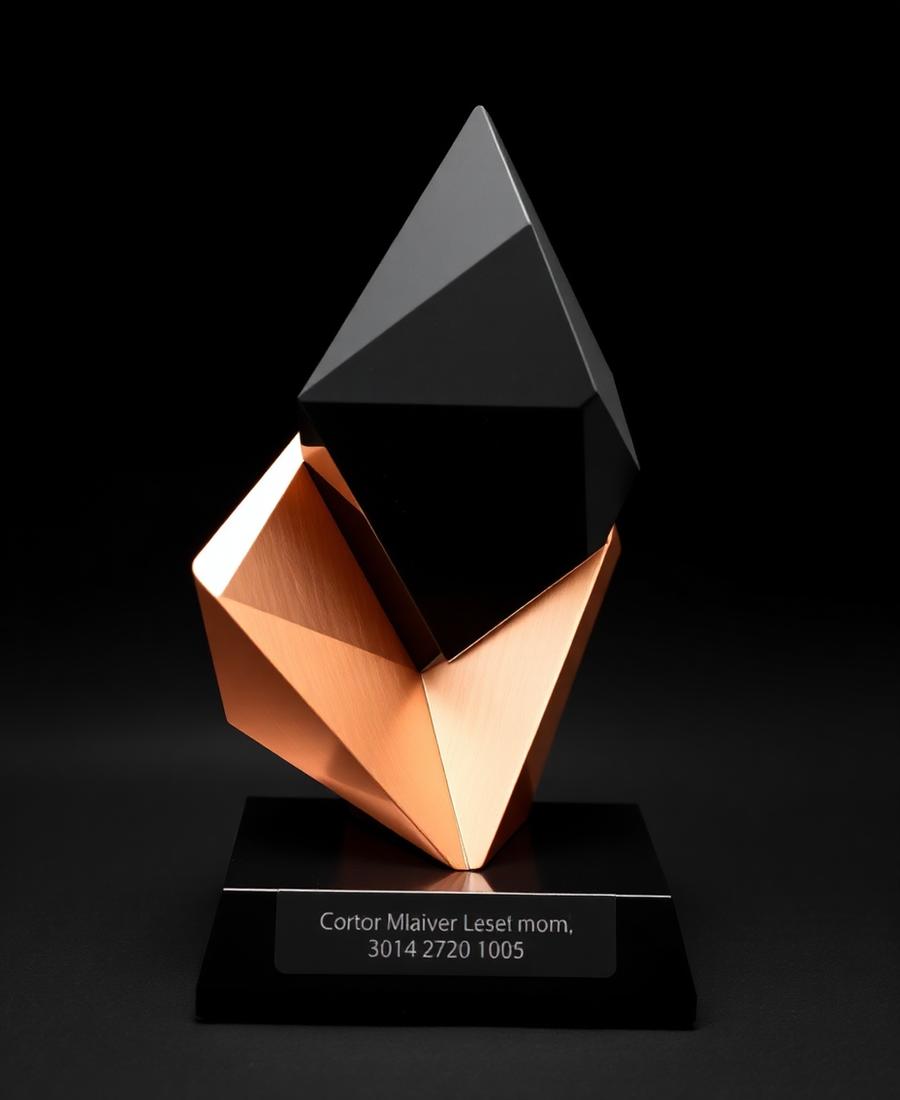 Troféu corporativo geométrico em preto e cobre